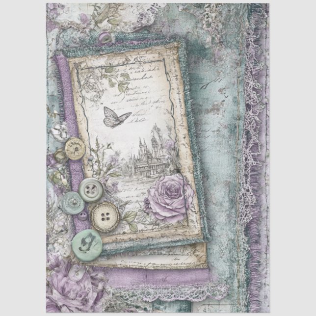 Denim & Lace Floral Fantasy Butterflies Decoupage Tissue Paper (Front)