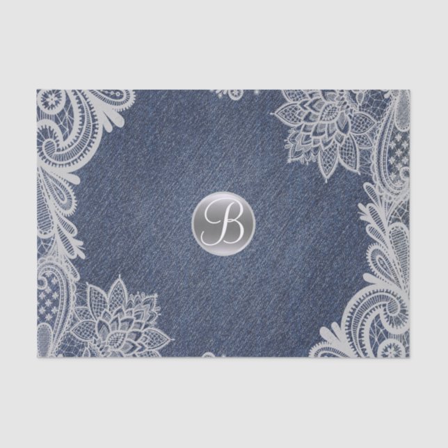 Denim & Lace Rustic Glam Elegant Monogram Initial Tissue Paper (Front)