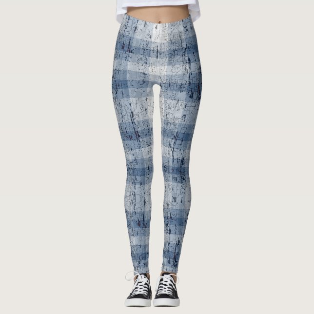 Denim Look Crackle Plaid Leggings (Front)