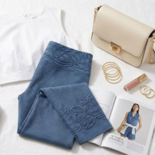 Denim-Look Floral Border Capri Leggings