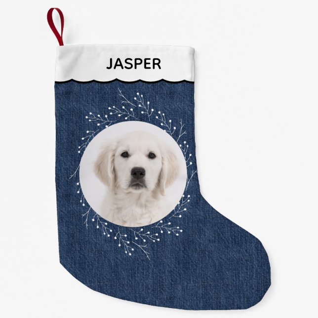 Denim Look Winter Wreath Pet Dog Photo Small Christmas Stocking (Front)