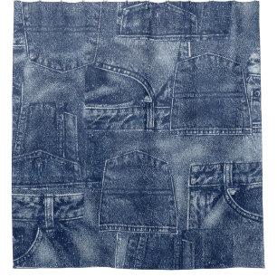 Denim material in a patchwork pocket pattern.