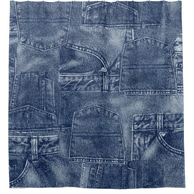 Denim material in a patchwork pocket pattern. (Front)