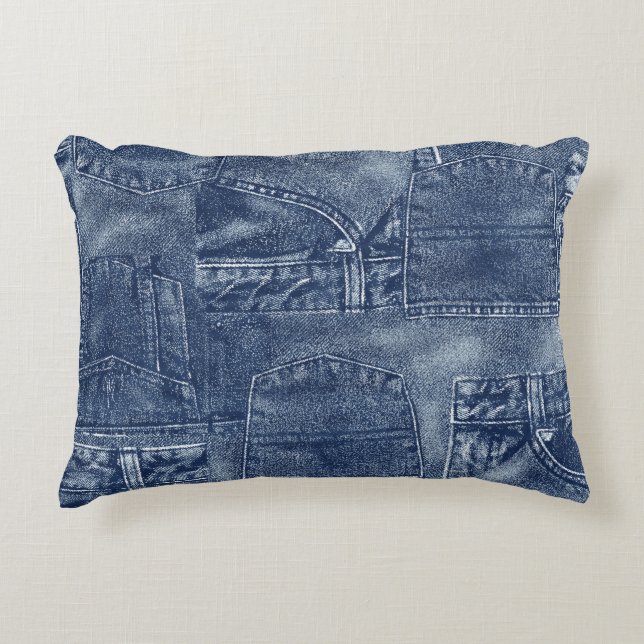 Denim material in a patchwork pocket pattern. accent pillow (Front)