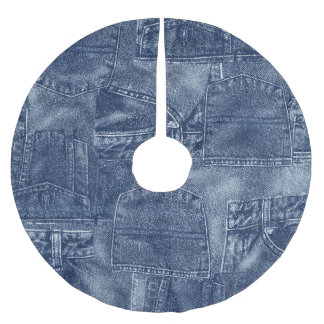 Denim material in a patchwork pocket pattern. brushed polyester tree skirt