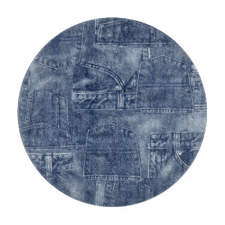Denim material in a patchwork pocket pattern. cutting board