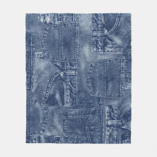 Denim material in a patchwork pocket pattern. fleece blanket