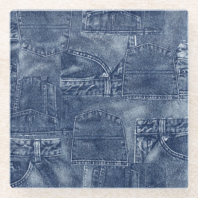 Denim material in a patchwork pocket pattern. glass coaster (Front)