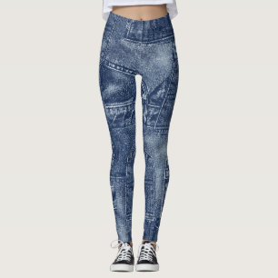 Denim material in a patchwork pocket pattern. leggings