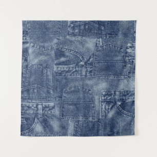 Denim material in a patchwork pocket pattern. tapestry
