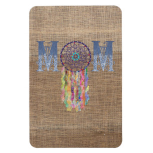Denim Mom with Lace Dreamcatcher on Faux Burlap Magnet