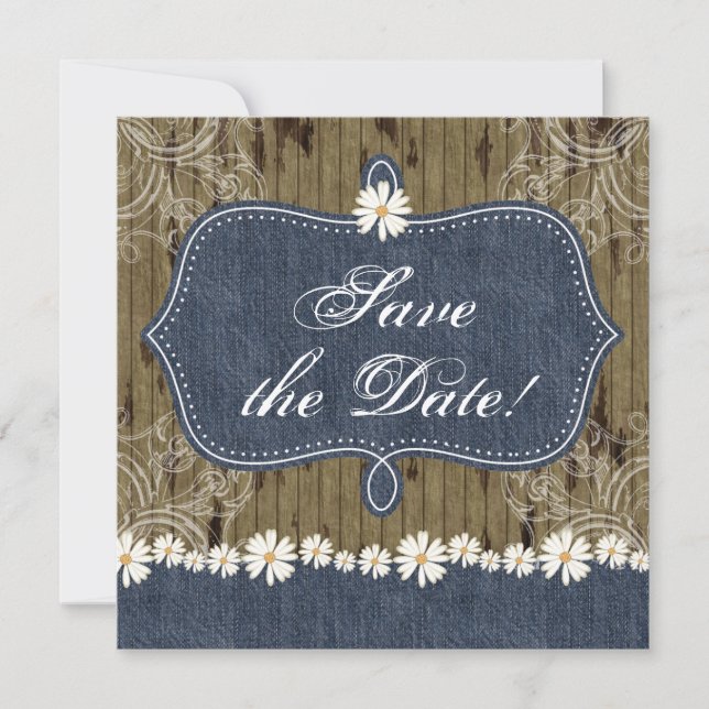 Denim n Daisies Save Date Wood Invitation Western (Devant)