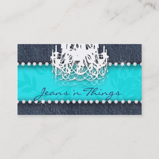 Denim n Diamonds Chandelier Floral Turquoise Blue Business Card (Front)
