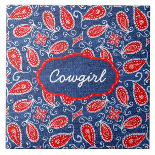Denim Paisley Cute Floral Red White and Blue Jeans Tile
