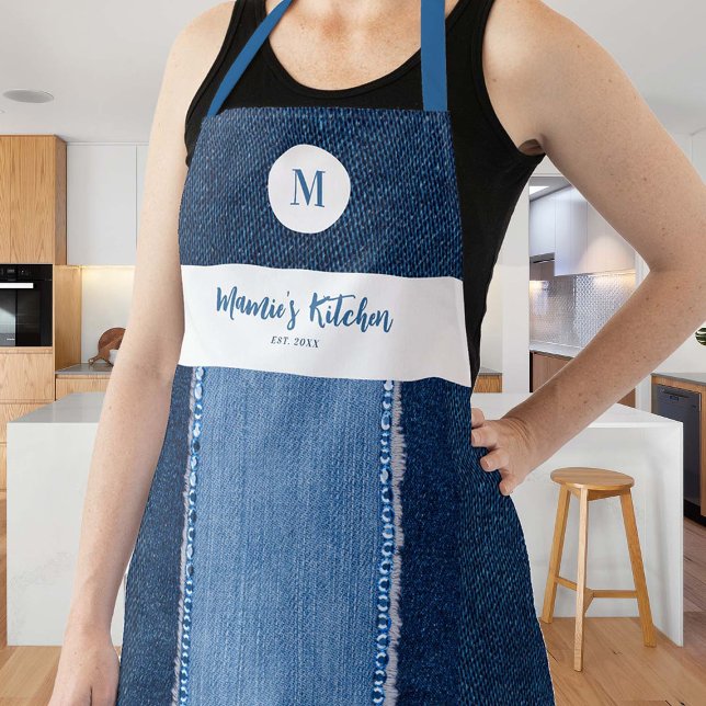 Denim Patch Blue Jeans Modern Custom Monogram Gift Apron (mom apron personalized christmas birthday gift hostess grandma monogram denim jeans cowgirl pretty)