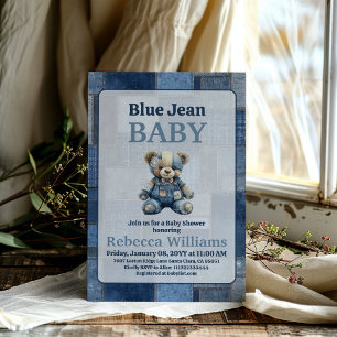 Denim Patchwork Bear Toy Blue Jean Baby Shower Invitation