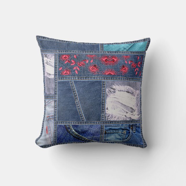 Denim Patchwork-Inspired Throw Pillow (Front)