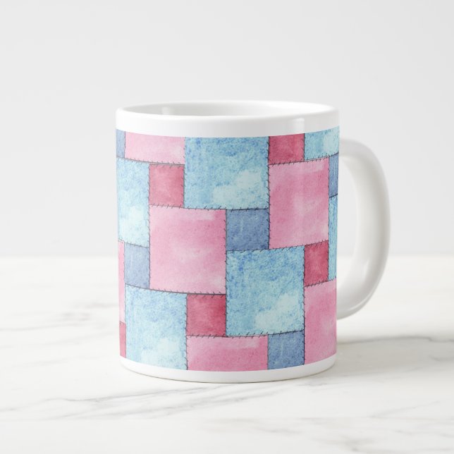 Denim Patchwork Jumbo Mug, Pinks, Blues Large Coffee Mug (Front Right)