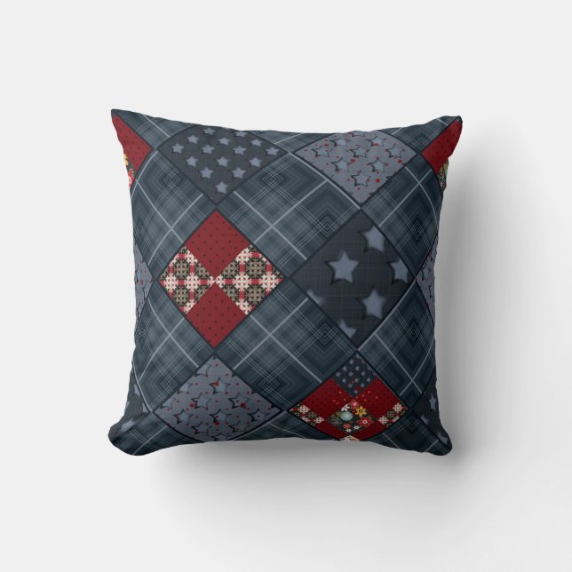 Denim patchwork, patchwork, textile, blue pattern throw pillow (Front)