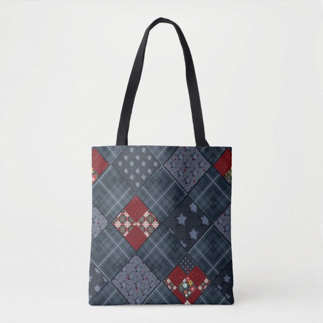 Denim patchwork, patchwork, textile, blue pattern tote bag (Front)