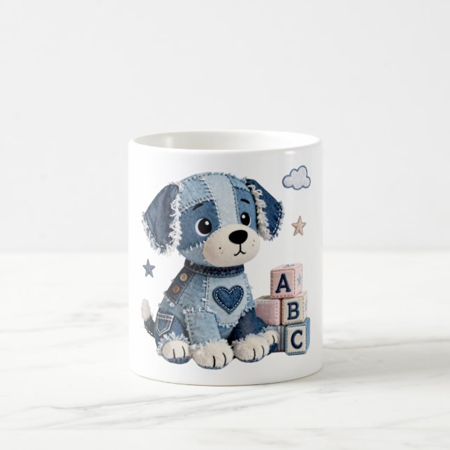 Denim Patchwork Puppy Dog Coffee Mug (Center)