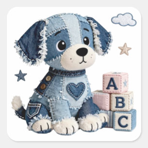 Denim Patchwork Puppy Dog Square Sticker