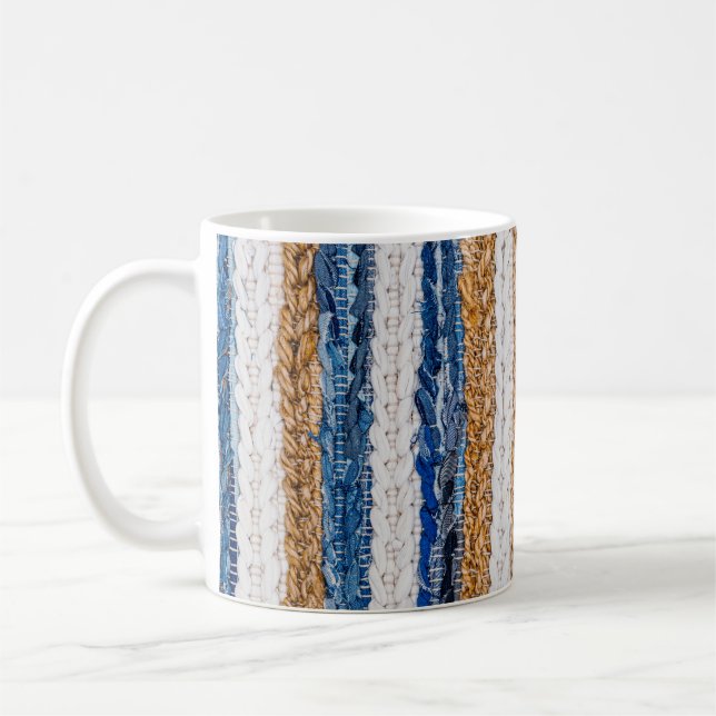 Denim patchwork: recycled jeans rug. coffee mug (Left)