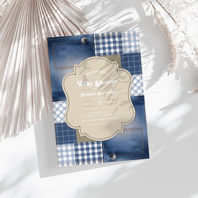 Denim Patchwork Rustic Chic Blue Jean Baby Shower Invitation (Denim Patchwork Rustic Chic Blue Jean Baby Shower Invitation)