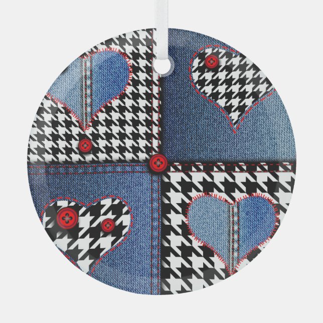 Denim Patchwork: Seamless Fabric Pattern Glass Ornament (Front)