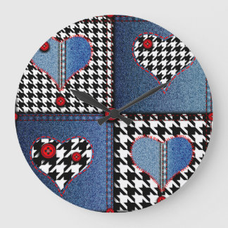 Denim Patchwork: Seamless Fabric Pattern Large Clock