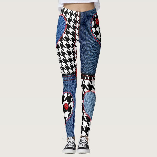 Denim Patchwork: Seamless Fabric Pattern Leggings (Front)