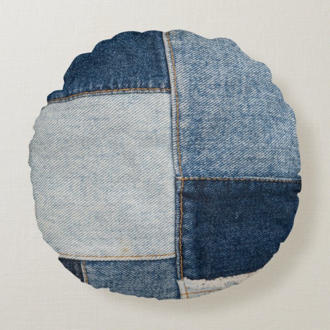 Denim Patchwork: Vintage Textile Pattern Round Pillow (Front)