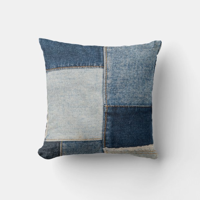 Denim Patchwork: Vintage Textile Pattern Throw Pillow (Front)
