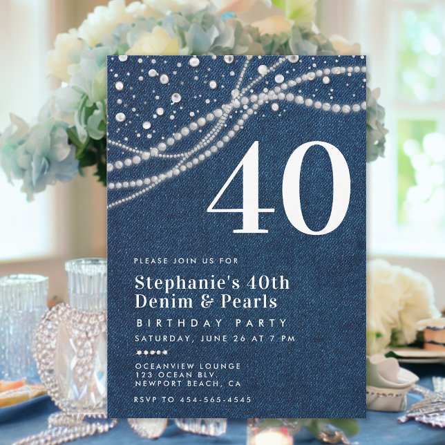 Denim Pearls Elegant Classy 40th Birthday Party Invitation (denim pearls 40th birthday party invitation for women elegant classy modern chic rustic lights)