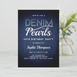 Denim Pearls Elegant Rustic Modern 50th Birthday Invitation