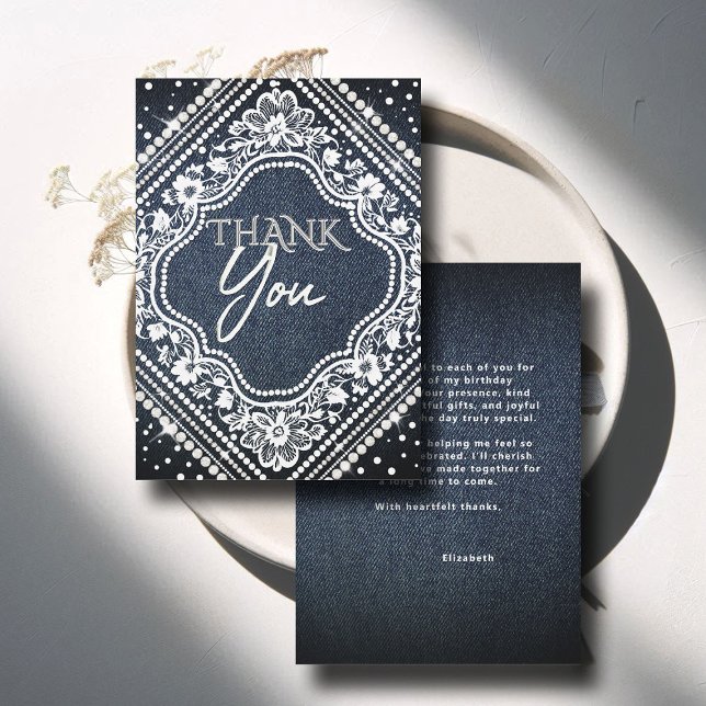 Denim Pearls Lace Elegant Modern 50th Birthday Thank You Card (denim diamonds pearls thank you card blue white calligraphy modern classy chic)