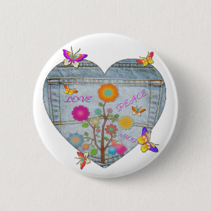 Denim Pocket Heart Flowers Butterflies 2 Inch Round Button
