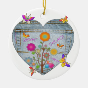 Denim Pocket Heart Flowers Butterflies Ceramic Ornament