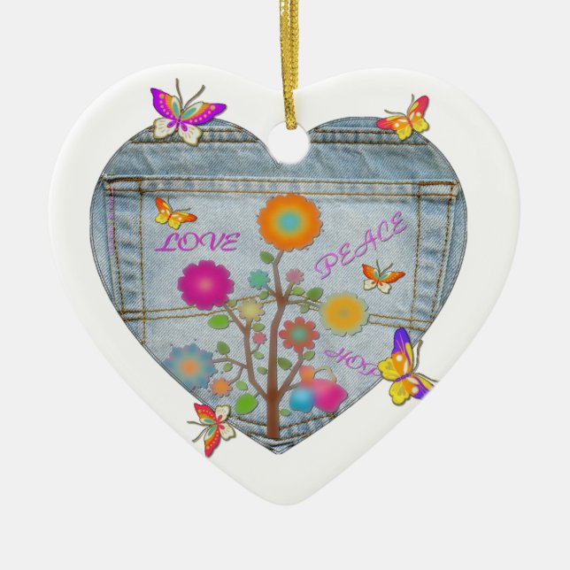Denim Pocket Heart Flowers Butterflies Ceramic Ornament (Front)