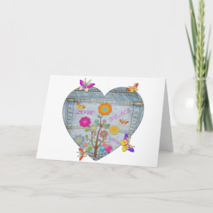 Denim Pocket Heart Flowers Butterflies Holiday Car Card