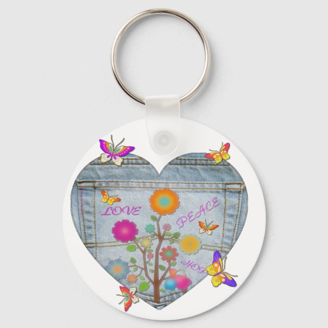 Denim Pocket Heart Flowers Butterflies Keychain (Front)