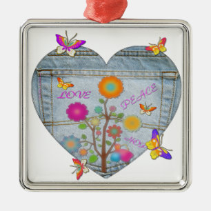 Denim Pocket Heart Flowers Butterflies Metal Ornament