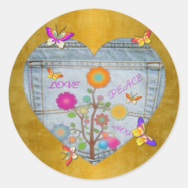 Denim Pocket Heart Flowers Butterflies on Gold Classic Round Sticker (Front)