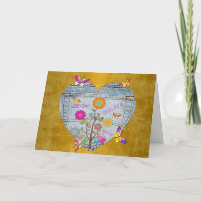 Denim Pocket Heart Flowers Butterflies on Gold Holiday Card (Front)
