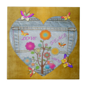 Denim Pocket Heart Flowers Butterflies on Gold Tile