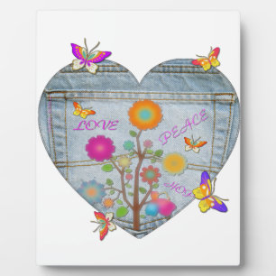 Denim Pocket Heart Flowers Butterflies Plaque