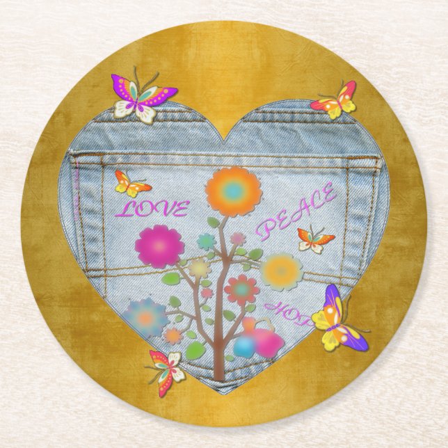 Denim Pocket Heart Flowers Butterflies Round Paper Coaster (Front)