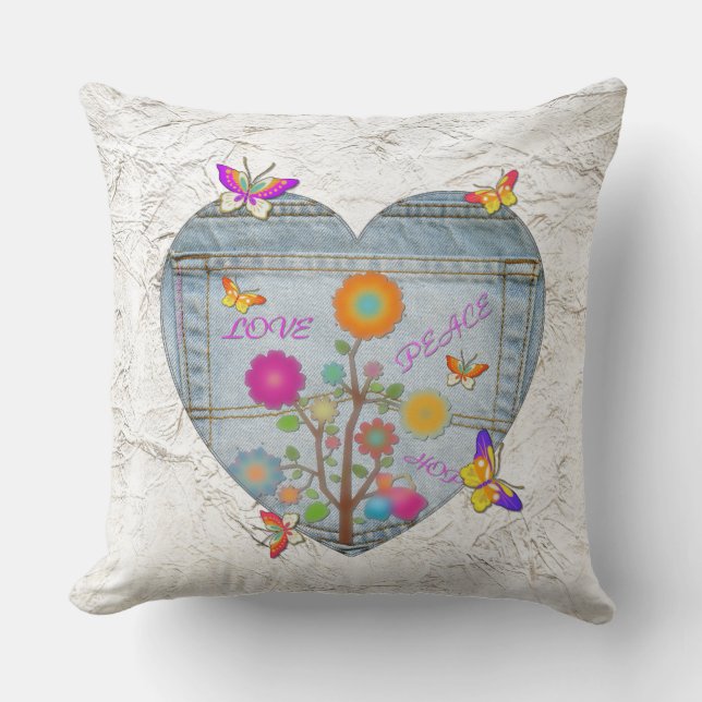 Denim Pocket Heart Flowers Butterflies Throw Pillow (Front)
