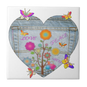 Denim Pocket Heart Flowers Butterflies Tile