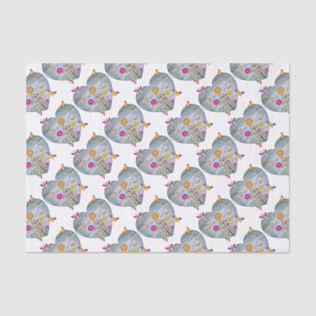 Denim Pocket Heart Flowers Butterflies Tissue Paper (Front)